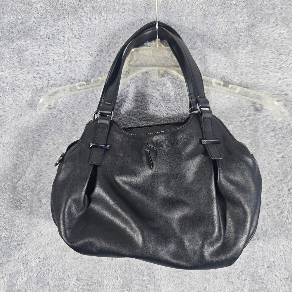Simply Vera Vera Wang Black Faux Leather Satchel Handbag Pleated SV Logo Bag